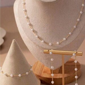 Gold Pearl Beaded Necklace and Earrings Set